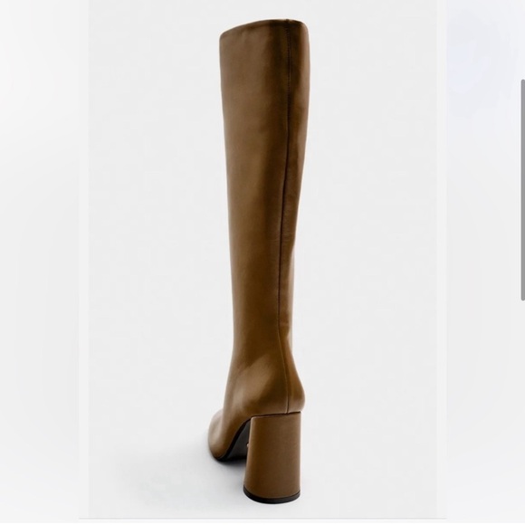 ZARA Brown Leather Knee High Boots w/ Block Heel, Size 8, NWT, Sold Out! - Picture 3 of 7